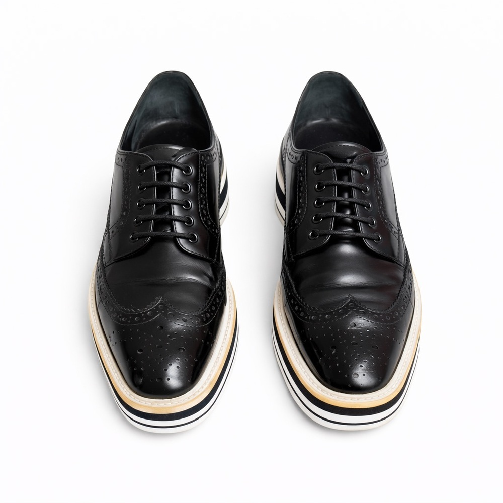 Prada Spazzolato Leather Platform Brogues 36 Black Wingtip Derby Elevated Sole - Picture 4 of 10